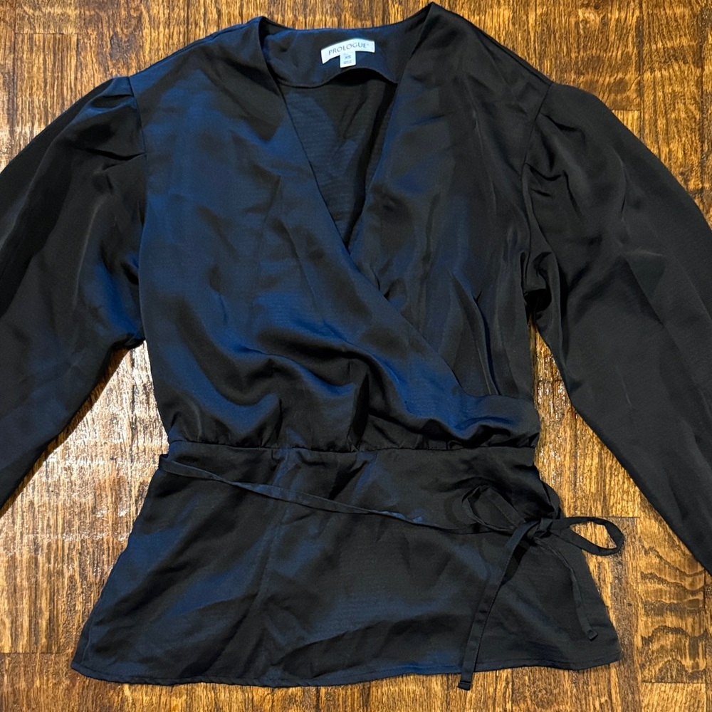 Black Wrap Top Balloon Sleeve Tie Waist Blouse Size XS Prologue